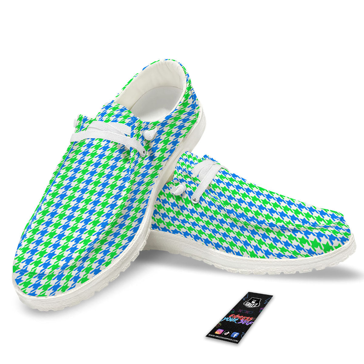 Green Blue And White Houndstooth Print White Loafers-grizzshop