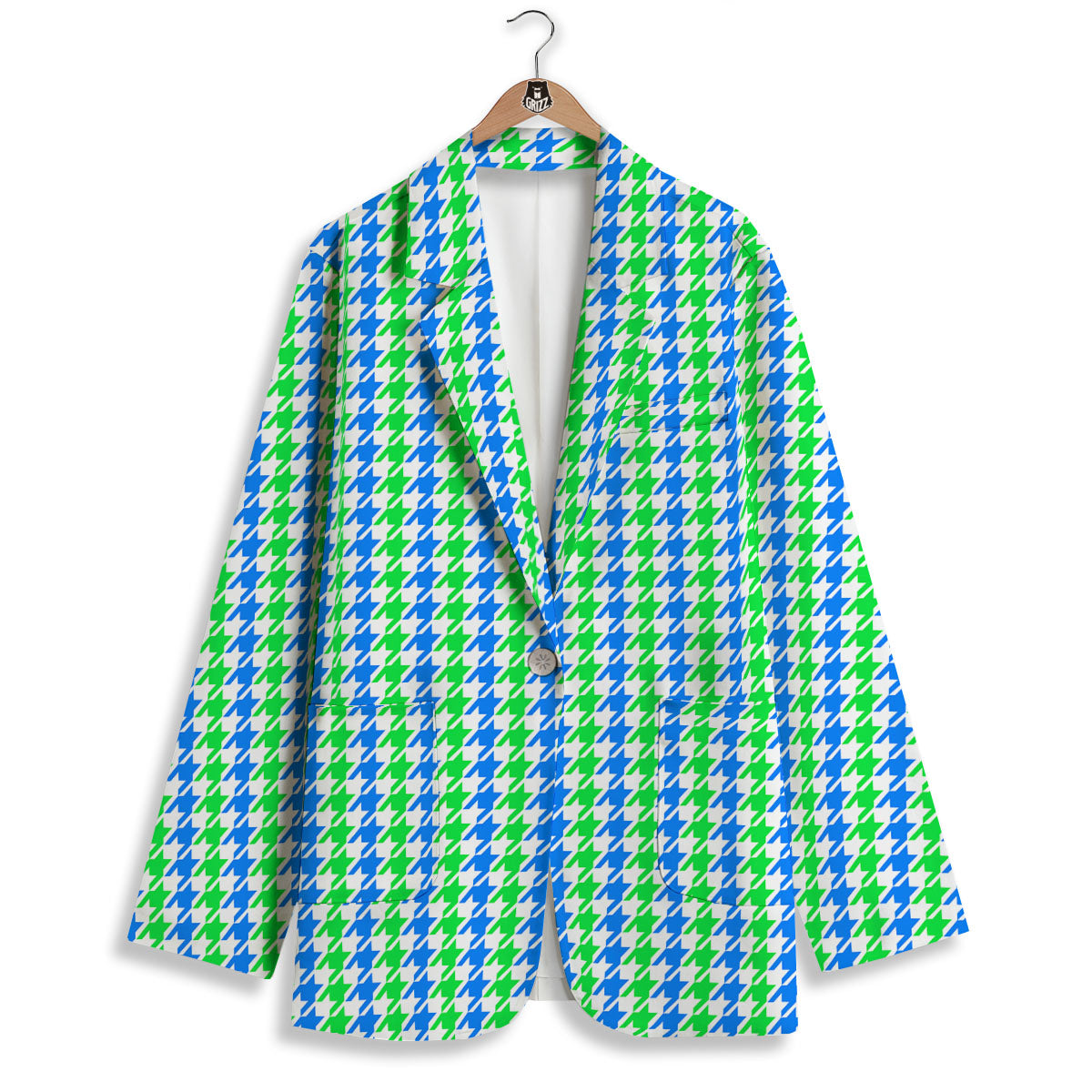 Green Blue And White Houndstooth Print Women's Blazer-grizzshop