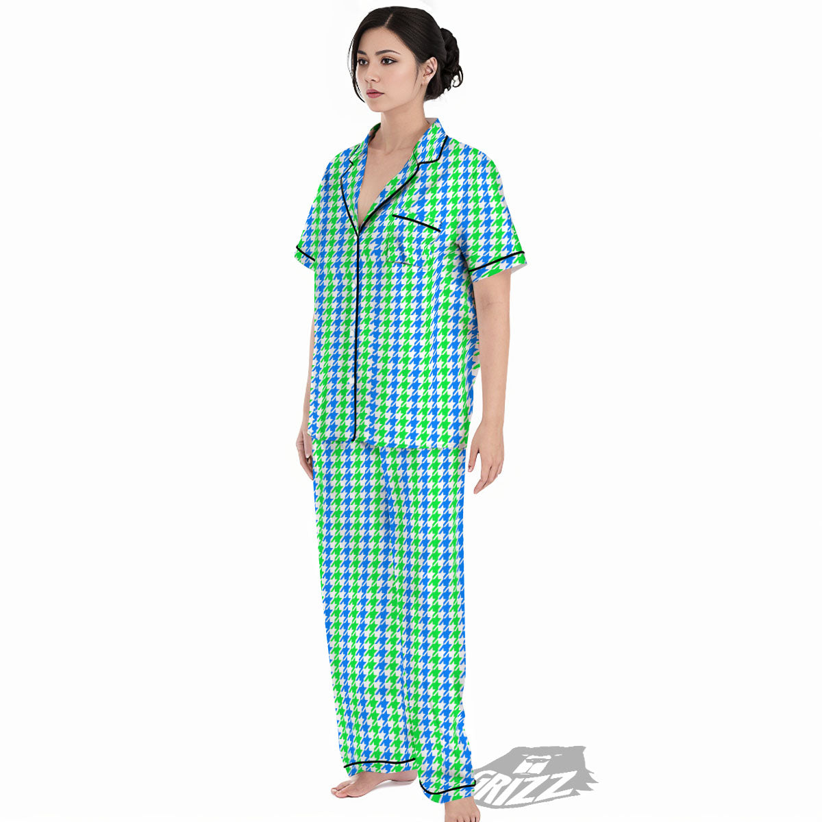 Green Blue And White Houndstooth Print Women's Pajamas Set-grizzshop