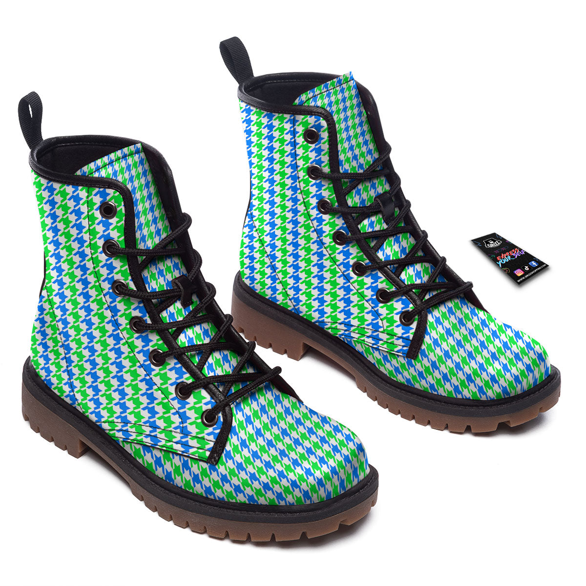 Green Blue And White Houndstooth Print Work Boots-grizzshop