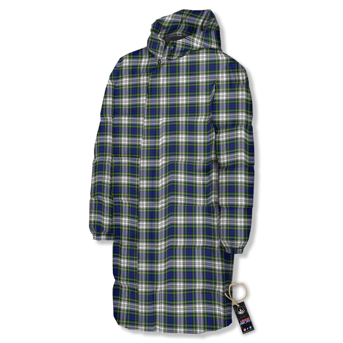 Green Blue And White Plaid Print Pattern Long Down Jacket-grizzshop