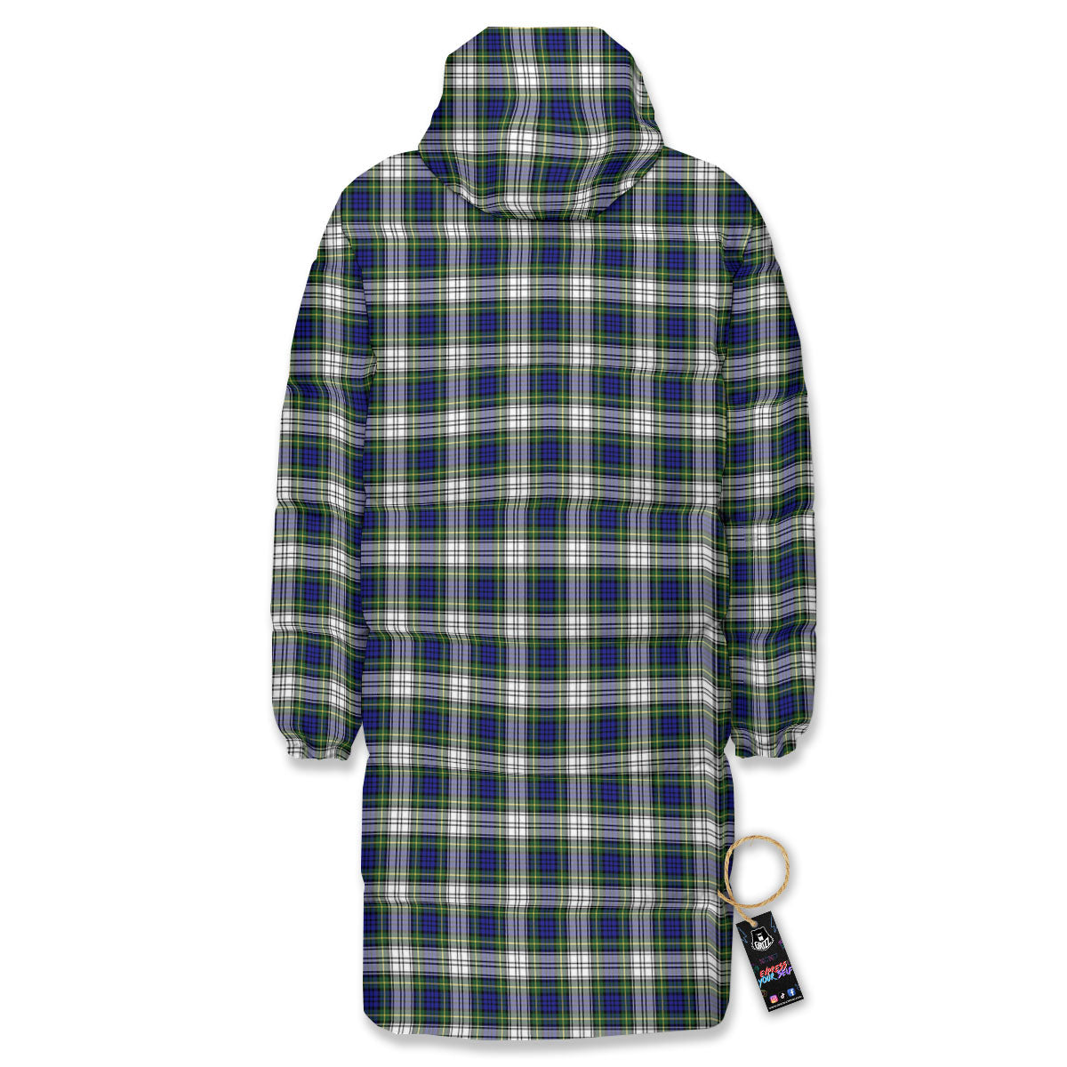 Green Blue And White Plaid Print Pattern Long Down Jacket-grizzshop