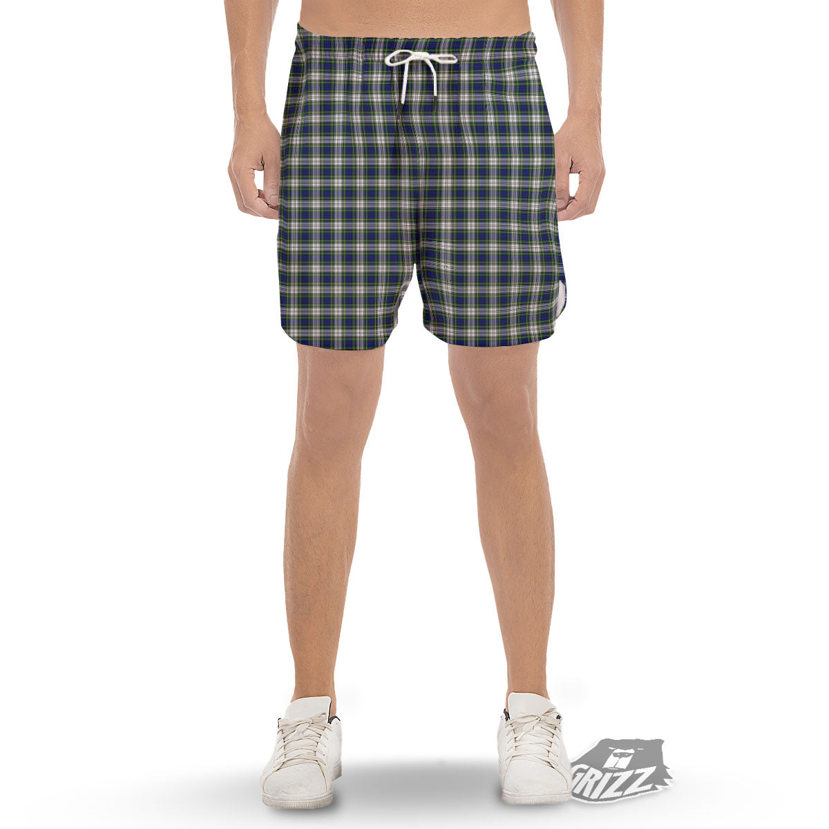 Green Blue And White Plaid Print Pattern Men's Gym Shorts-grizzshop