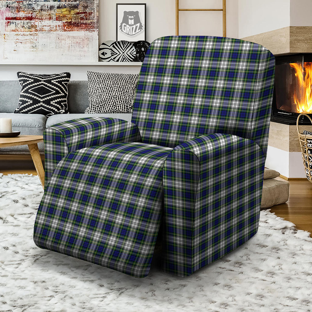 Green Blue And White Plaid Print Pattern Recliner Slipcover