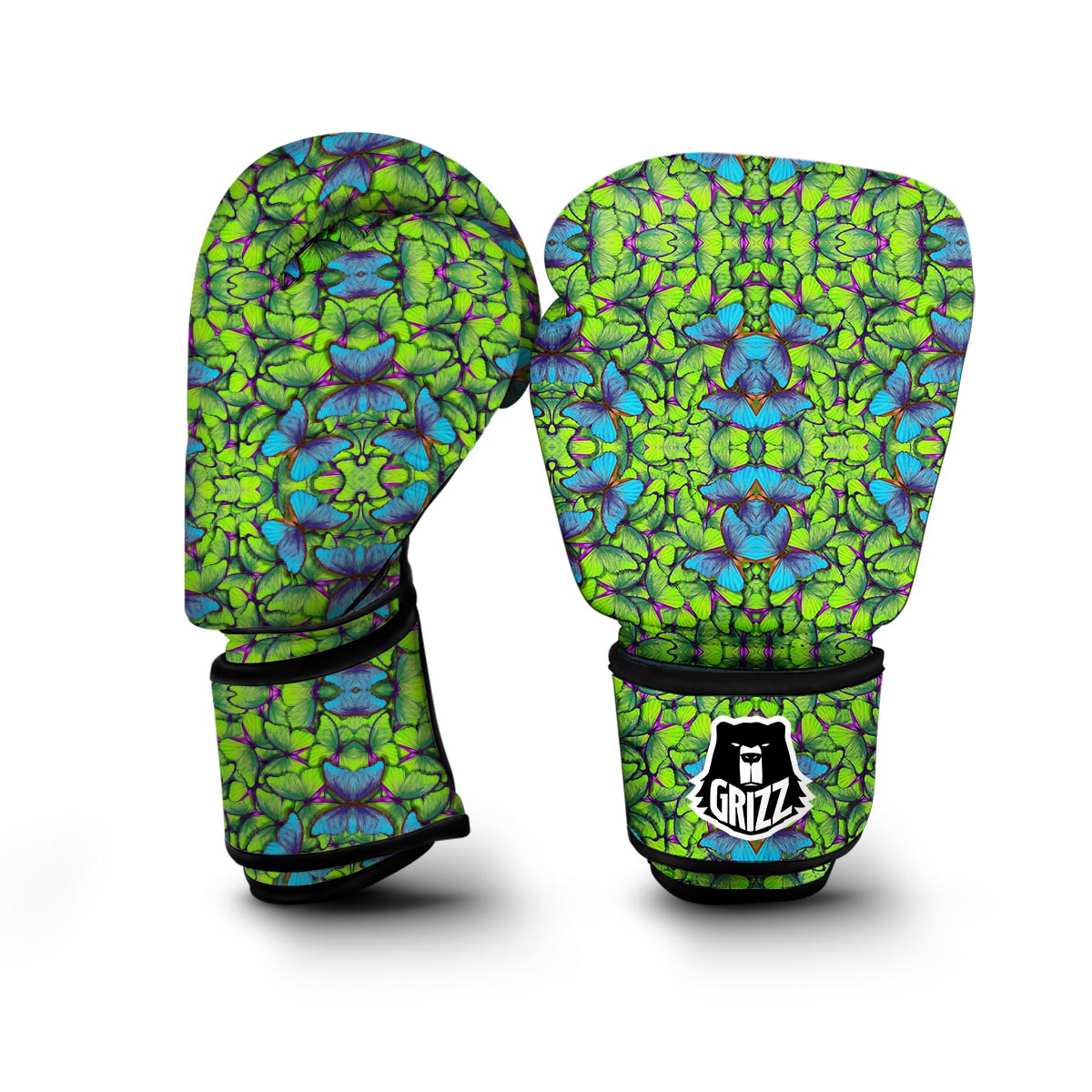 Green Blue Butterfly Pattern Print Boxing Gloves-grizzshop