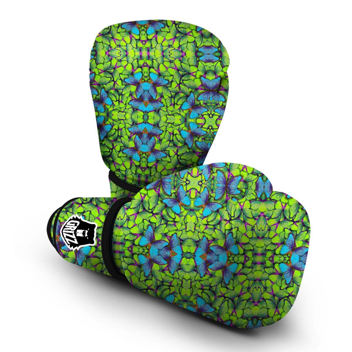 Green Blue Butterfly Pattern Print Boxing Gloves-grizzshop