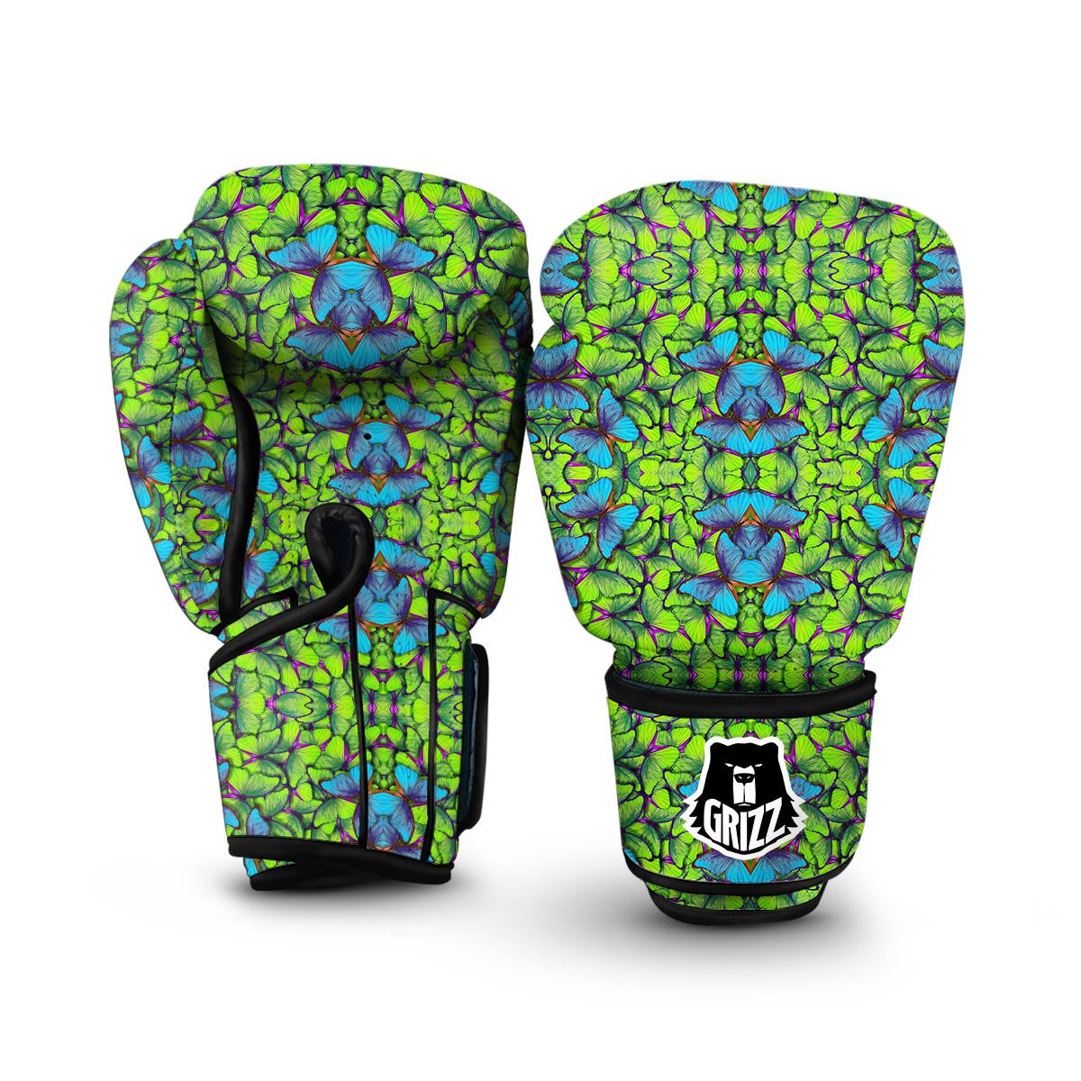 Green Blue Butterfly Pattern Print Boxing Gloves-grizzshop