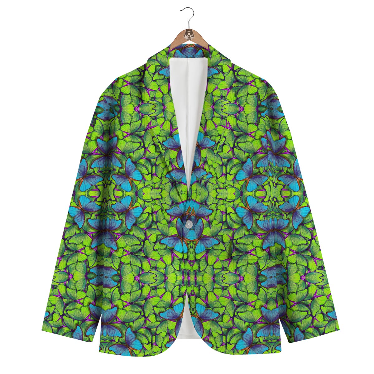 Green Blue Butterfly Pattern Print Men's Blazer-grizzshop