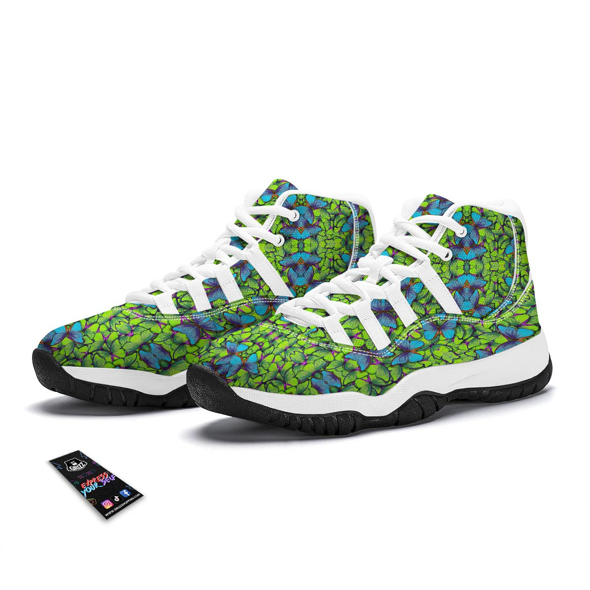 Green Blue Butterfly Pattern Print White Bball Shoes-grizzshop