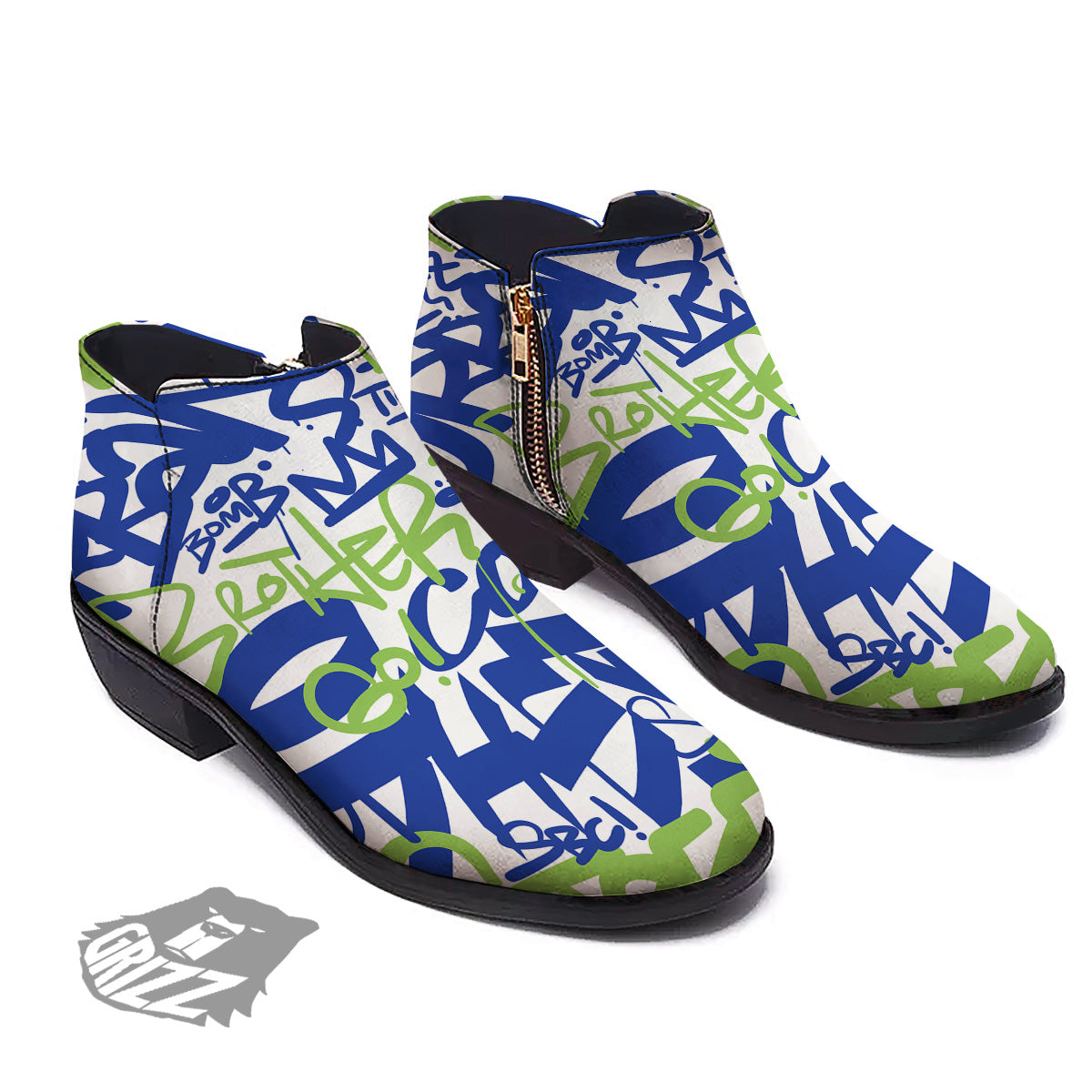 Green Blue Urban Graffiti Text Print Pattern Ankle Boots-grizzshop