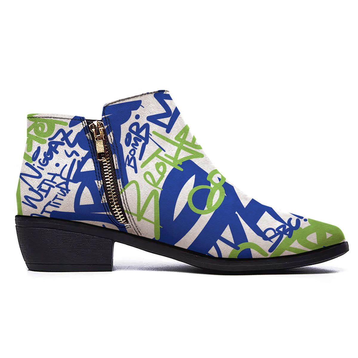 Green Blue Urban Graffiti Text Print Pattern Ankle Boots-grizzshop