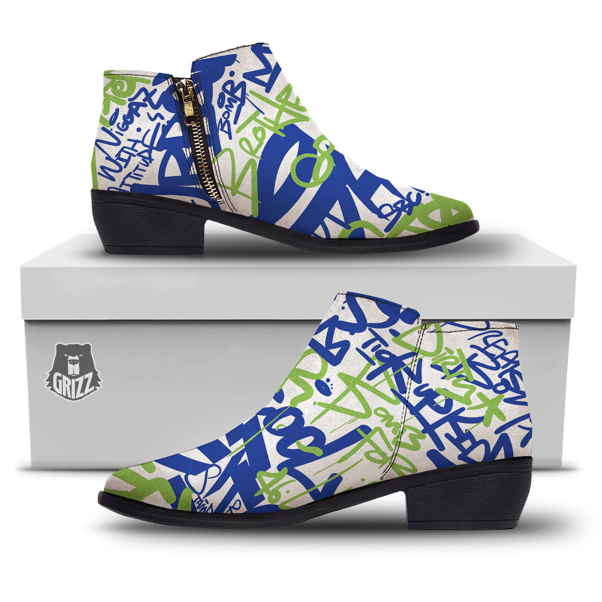 Green Blue Urban Graffiti Text Print Pattern Ankle Boots-grizzshop