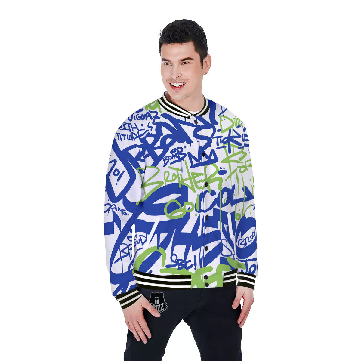 Green Blue Urban Graffiti Text Print Pattern Baseball Jacket-grizzshop