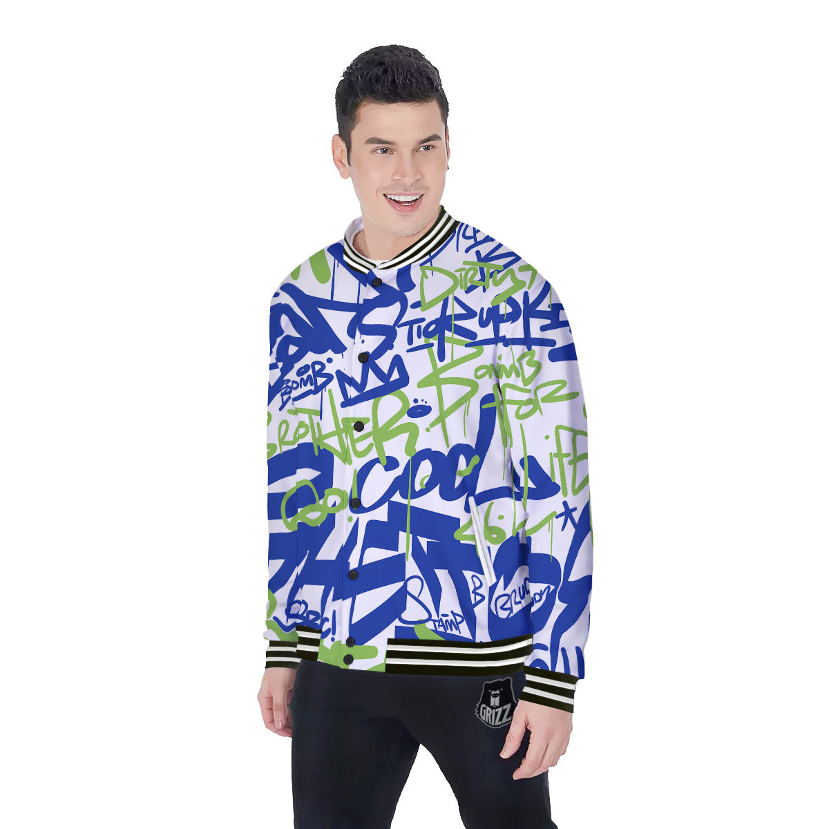 Green Blue Urban Graffiti Text Print Pattern Baseball Jacket-grizzshop