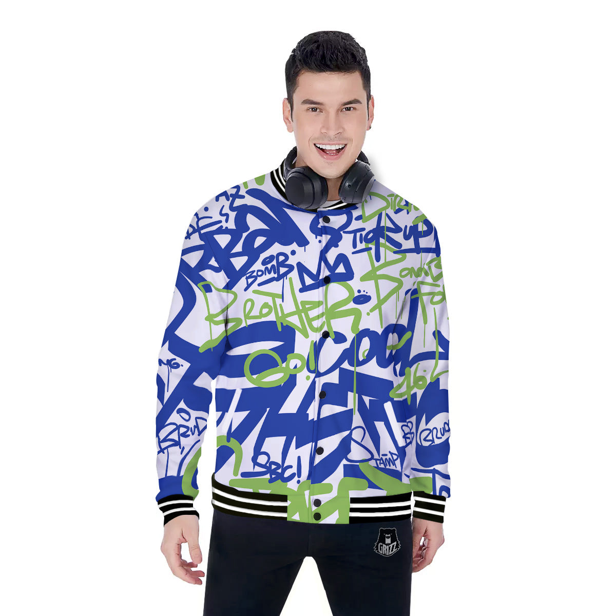 Green Blue Urban Graffiti Text Print Pattern Baseball Jacket-grizzshop