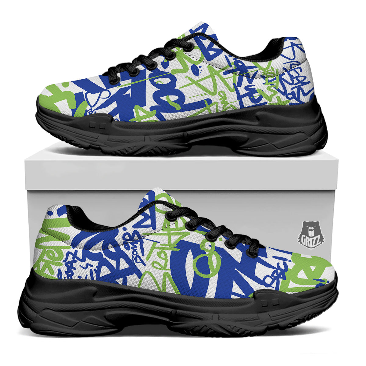 Green Blue Urban Graffiti Text Print Pattern Black Chunky Shoes-grizzshop