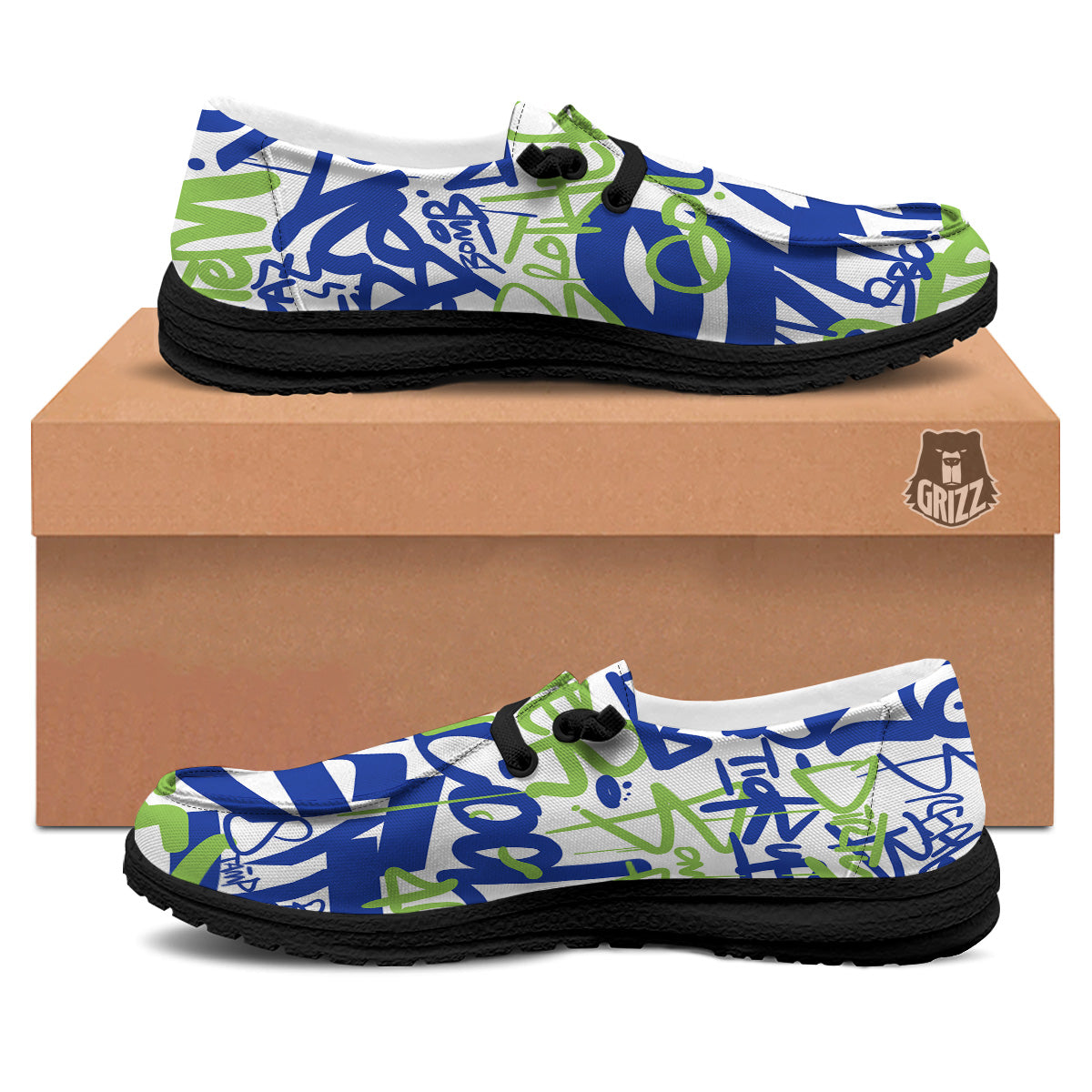 Green Blue Urban Graffiti Text Print Pattern Black Loafers-grizzshop