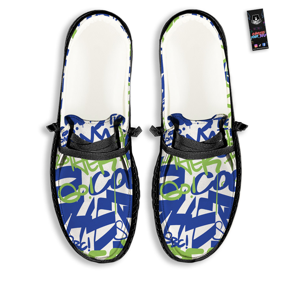 Green Blue Urban Graffiti Text Print Pattern Black Loafers-grizzshop