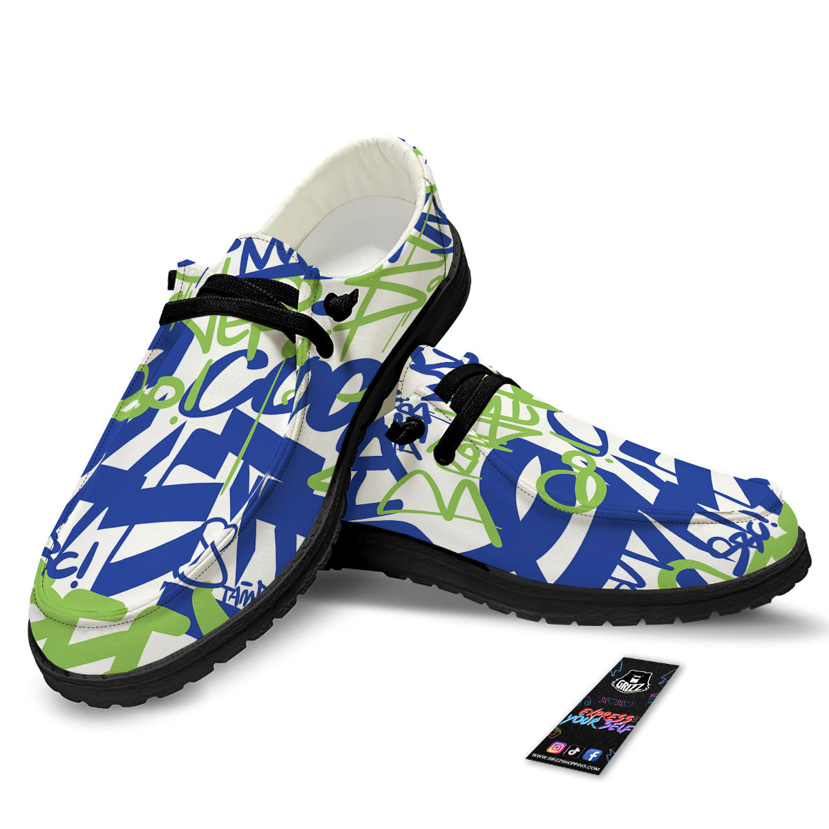 Green Blue Urban Graffiti Text Print Pattern Black Loafers-grizzshop