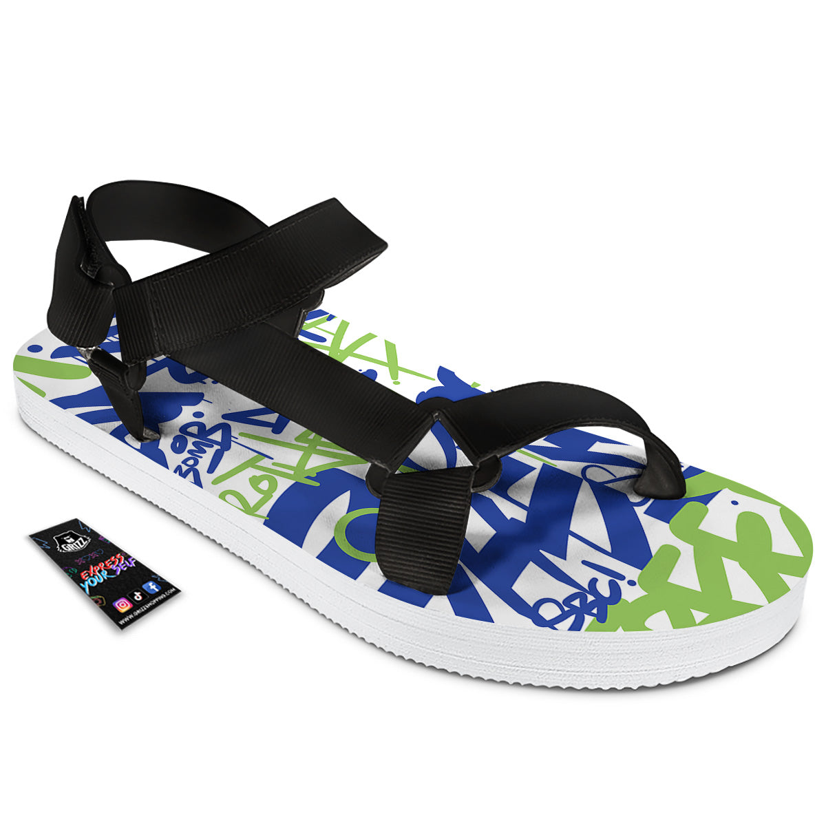 Green Blue Urban Graffiti Text Print Pattern Black Open Toe Sandals-grizzshop