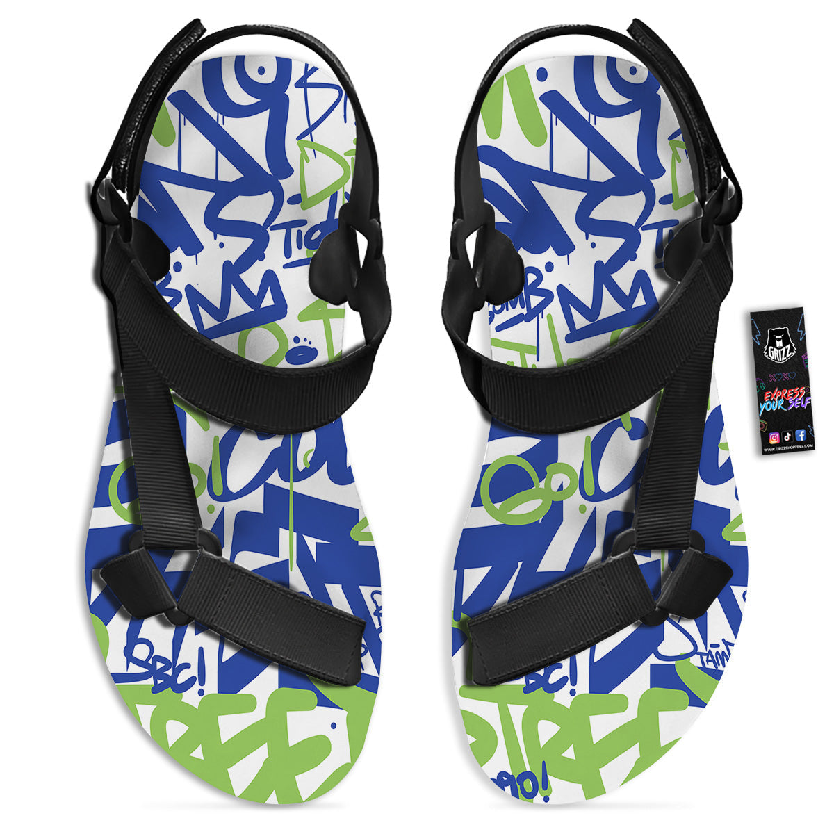 Green Blue Urban Graffiti Text Print Pattern Black Open Toe Sandals-grizzshop