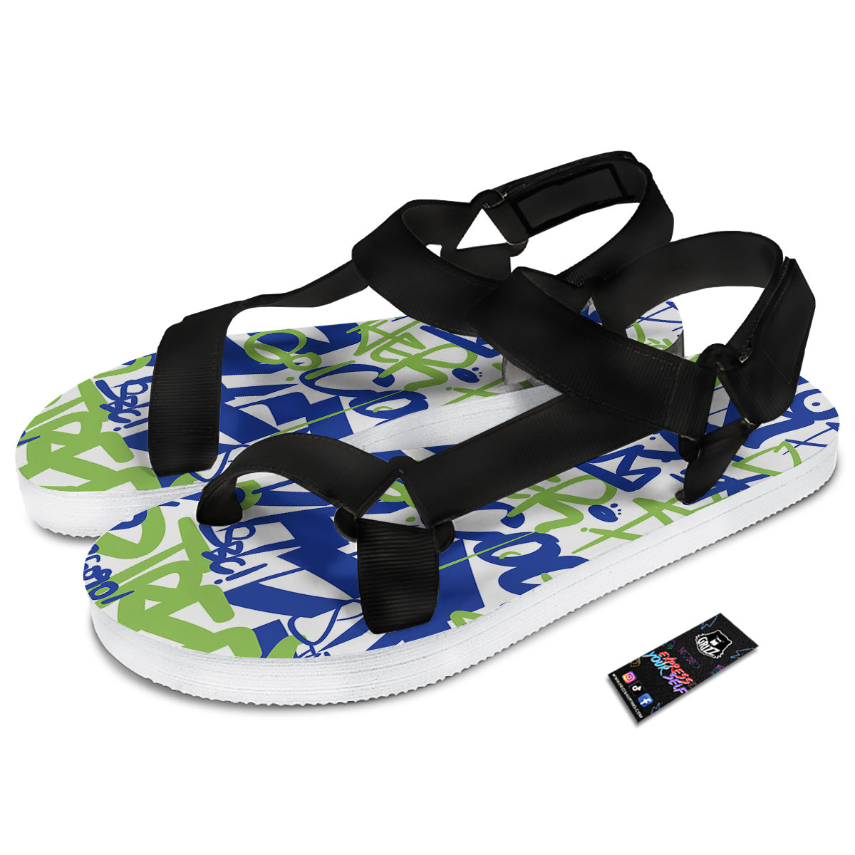 Green Blue Urban Graffiti Text Print Pattern Black Open Toe Sandals-grizzshop