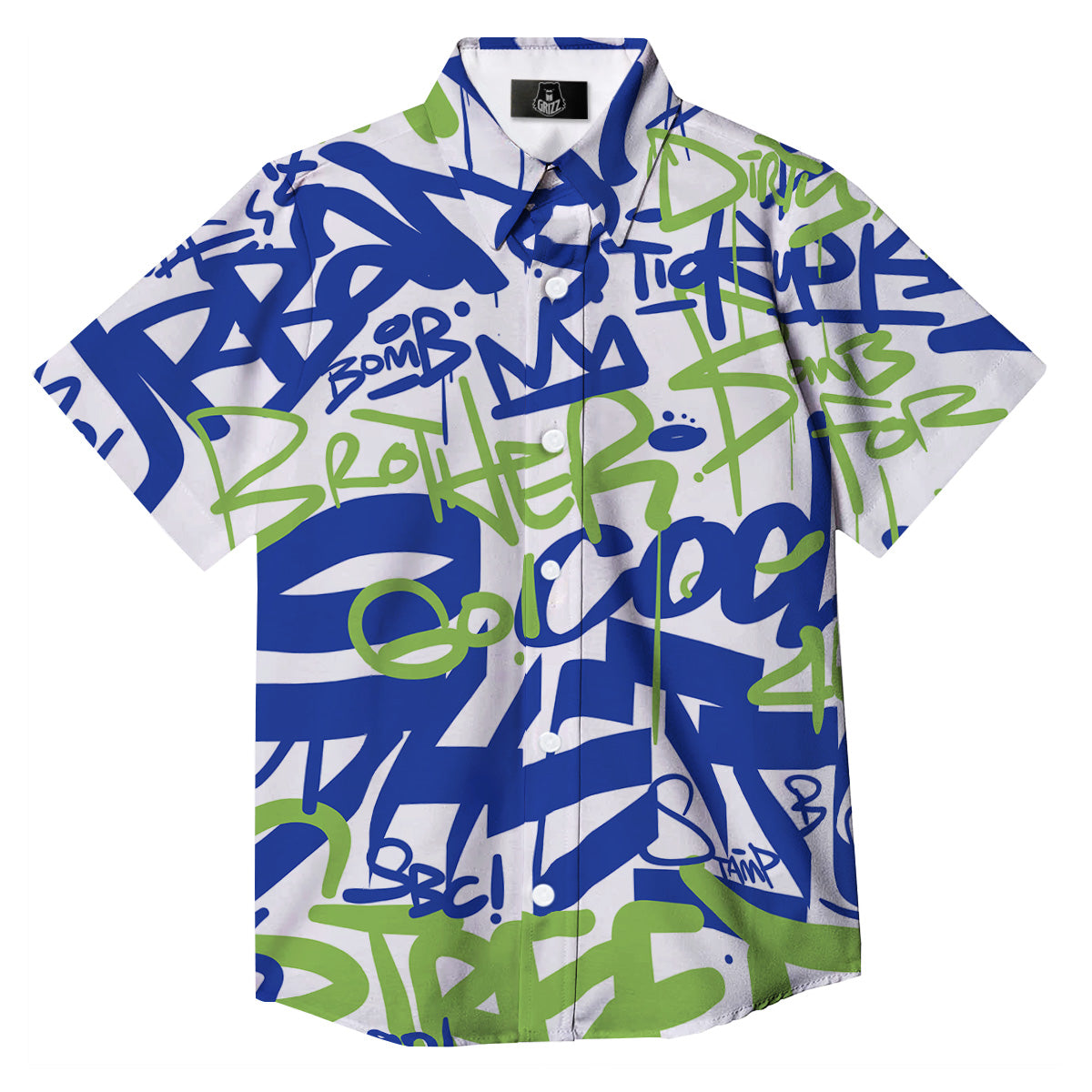 Green Blue Urban Graffiti Text Print Pattern Button Up Shirt-grizzshop