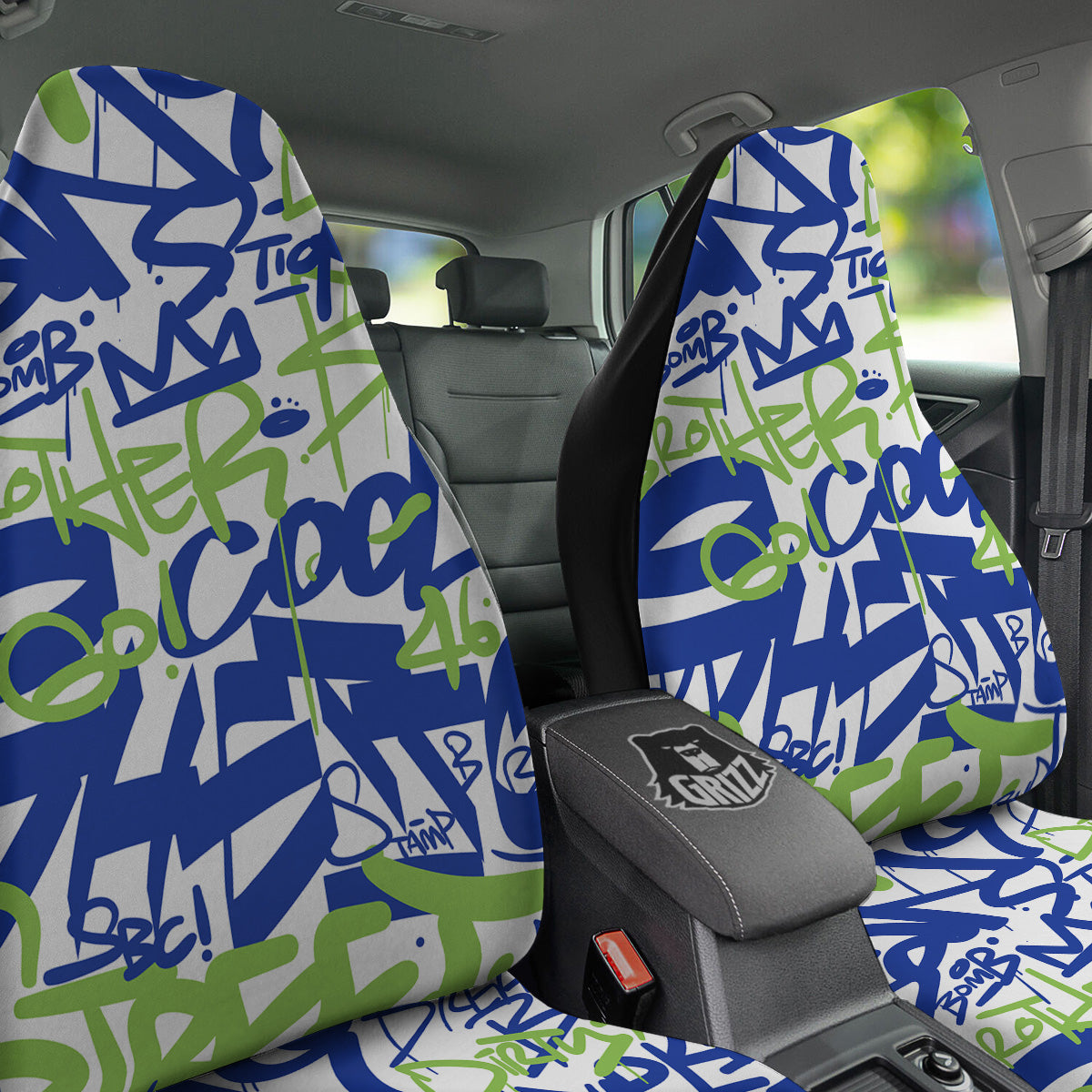 Green Blue Urban Graffiti Text Print Pattern Car Seat Covers-grizzshop