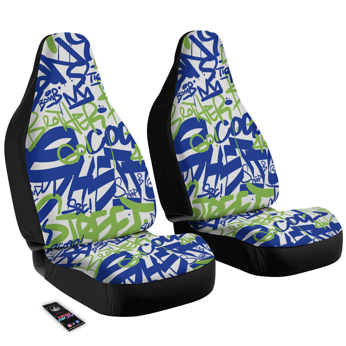 Green Blue Urban Graffiti Text Print Pattern Car Seat Covers-grizzshop