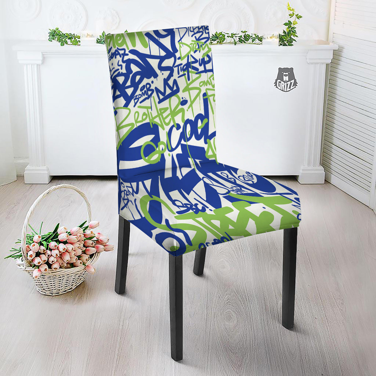 Green Blue Urban Graffiti Text Print Pattern Dining Chair Slipcover-grizzshop