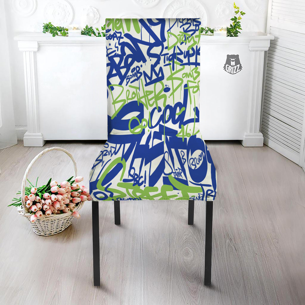 Green Blue Urban Graffiti Text Print Pattern Dining Chair Slipcover-grizzshop