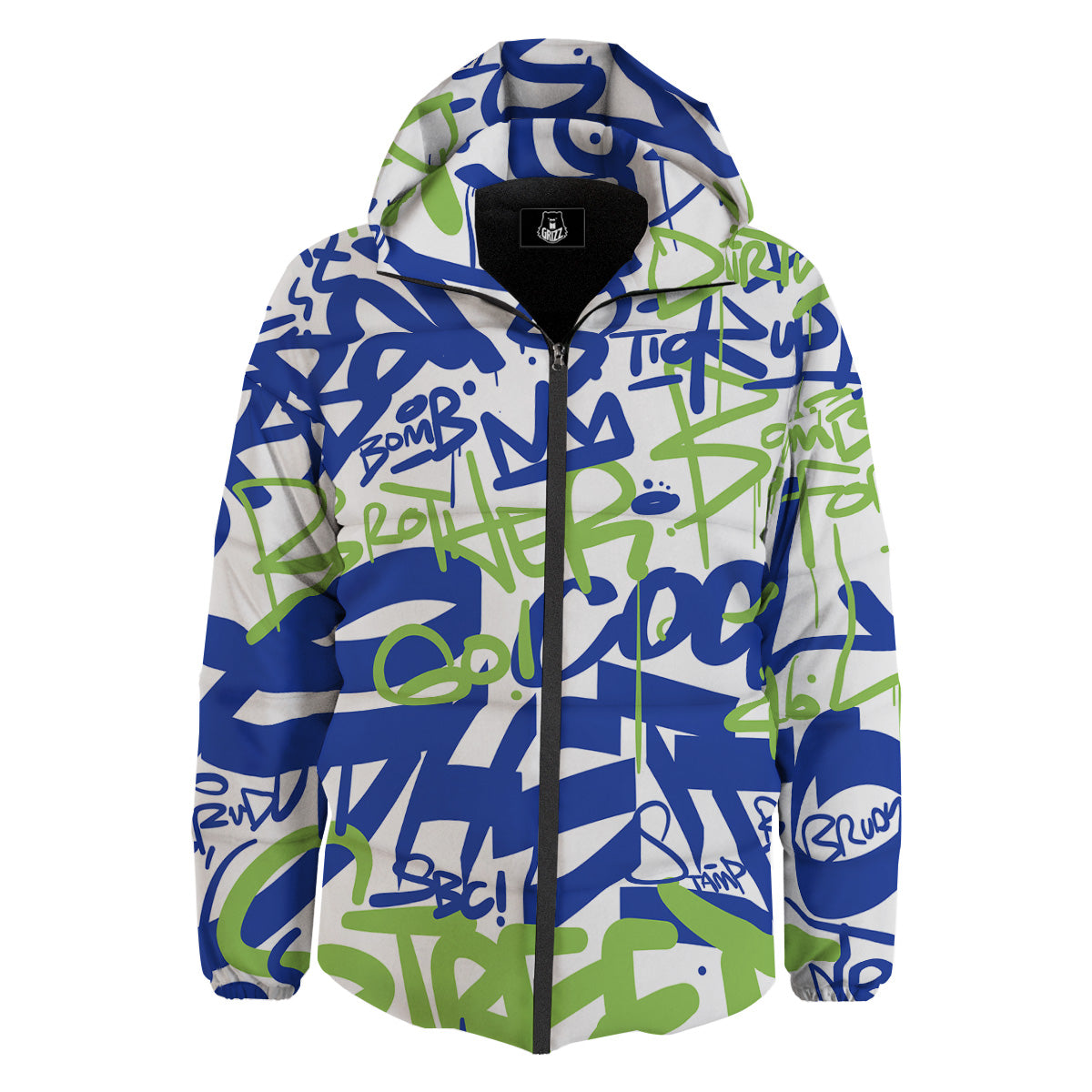 Green Blue Urban Graffiti Text Print Pattern Down Jacket-grizzshop