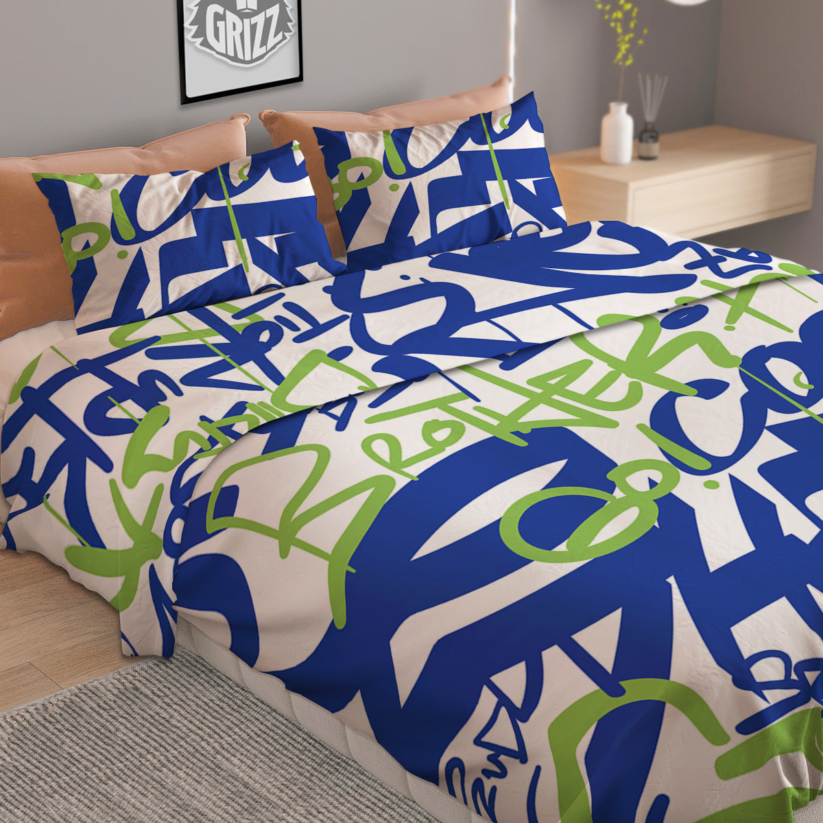 Green Blue Urban Graffiti Text Print Pattern Duvet Cover Bedding Set