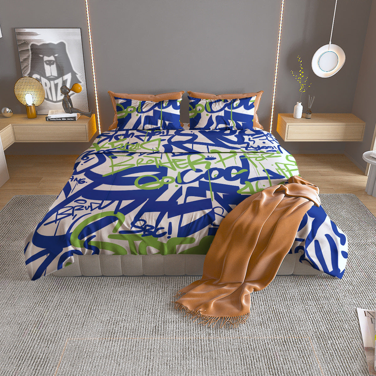 Green Blue Urban Graffiti Text Print Pattern Duvet Cover Bedding Set