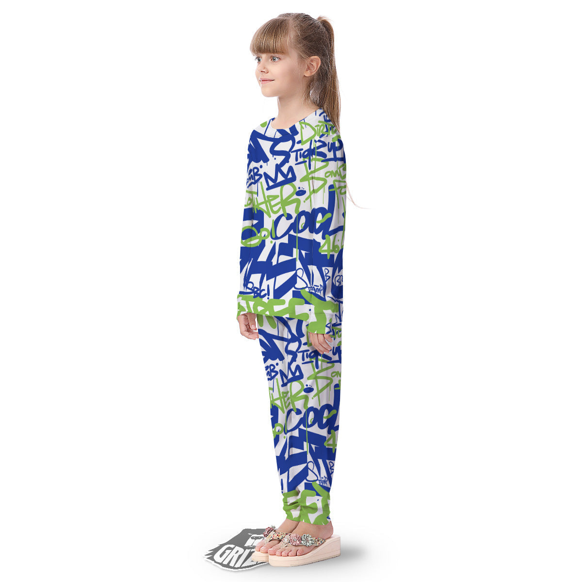 Green Blue Urban Graffiti Text Print Pattern Kid's Pajamas-grizzshop