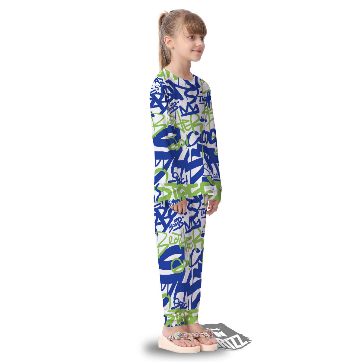 Green Blue Urban Graffiti Text Print Pattern Kid's Pajamas-grizzshop