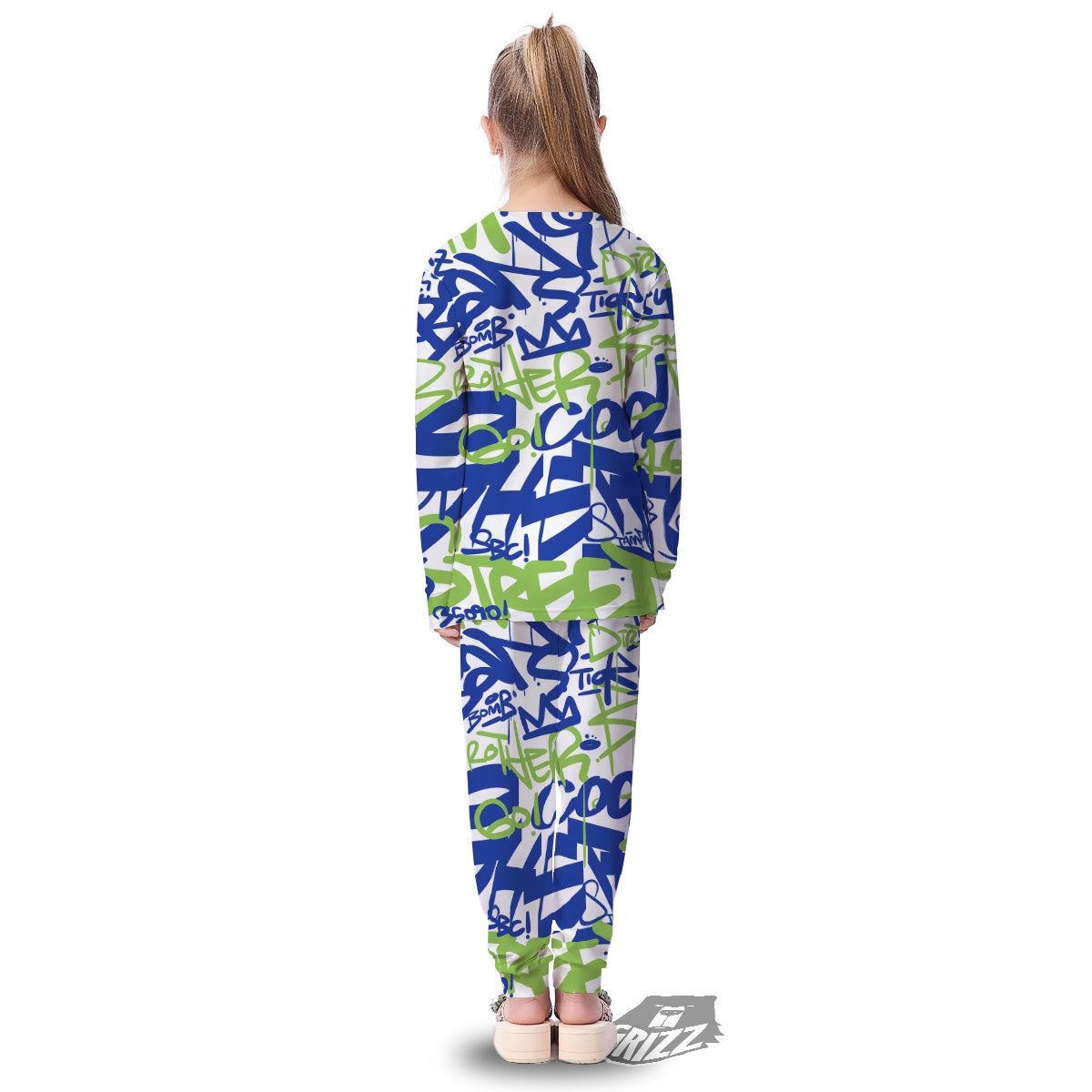 Green Blue Urban Graffiti Text Print Pattern Kid's Pajamas-grizzshop