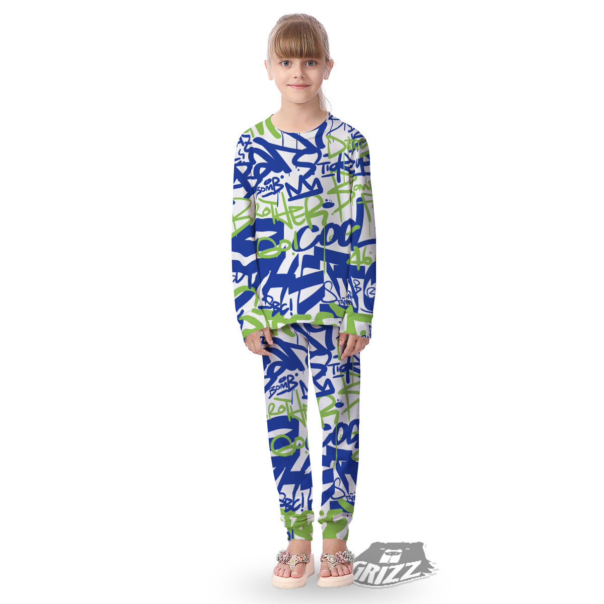Green Blue Urban Graffiti Text Print Pattern Kid's Pajamas-grizzshop