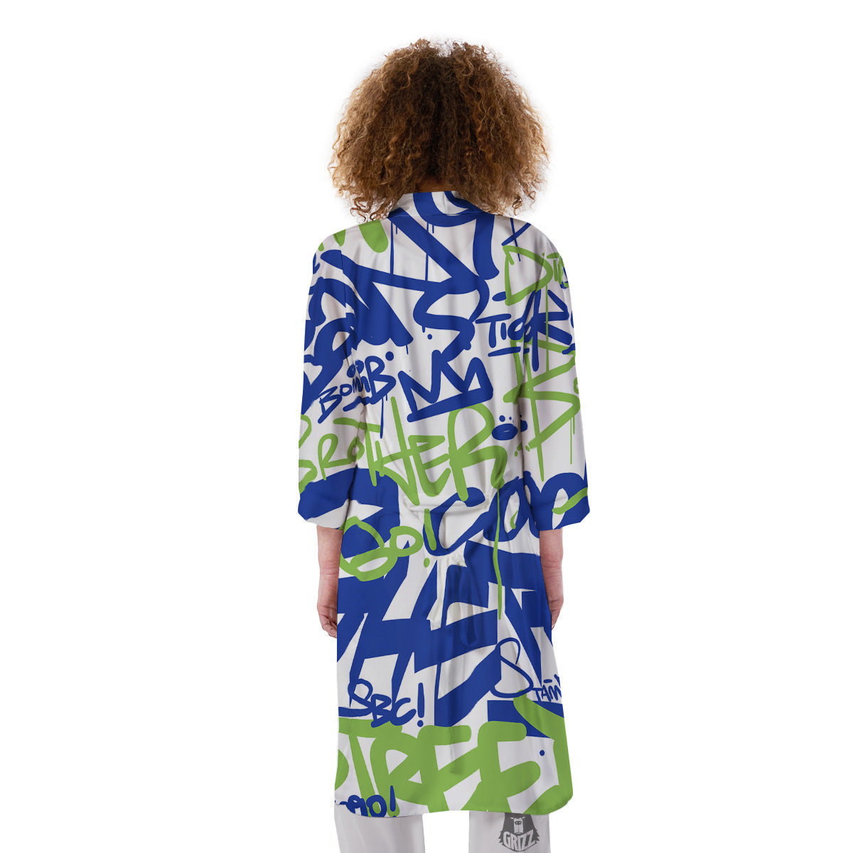 Green Blue Urban Graffiti Text Print Pattern Kimono-grizzshop