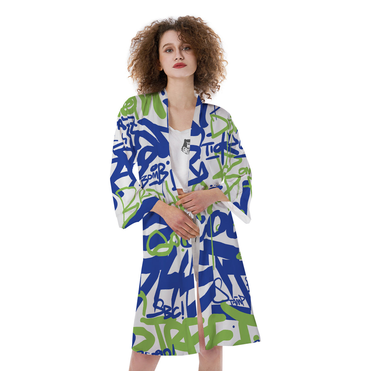 Green Blue Urban Graffiti Text Print Pattern Kimono-grizzshop