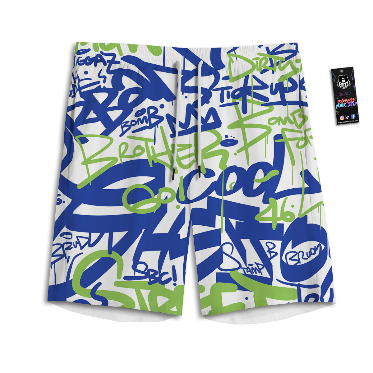 Green Blue Urban Graffiti Text Print Pattern Men's Athletic Shorts