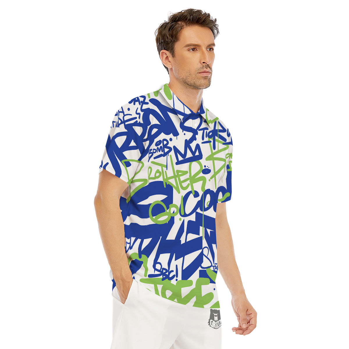 Green Blue Urban Graffiti Text Print Pattern Men's Golf Shirts-grizzshop