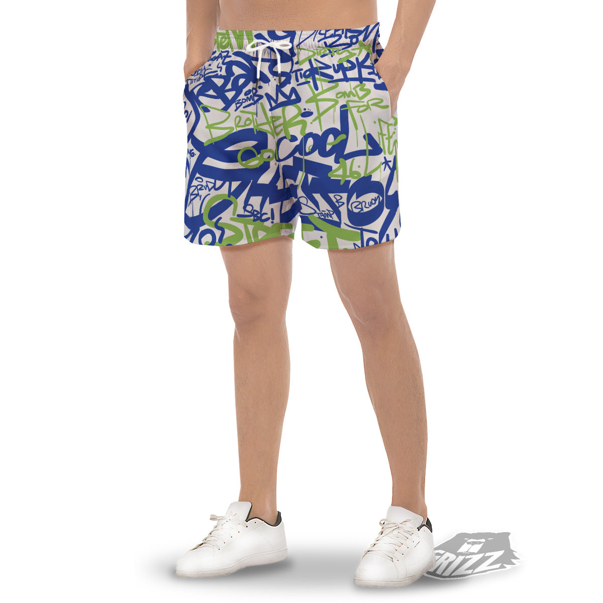 Green Blue Urban Graffiti Text Print Pattern Men's Gym Shorts-grizzshop