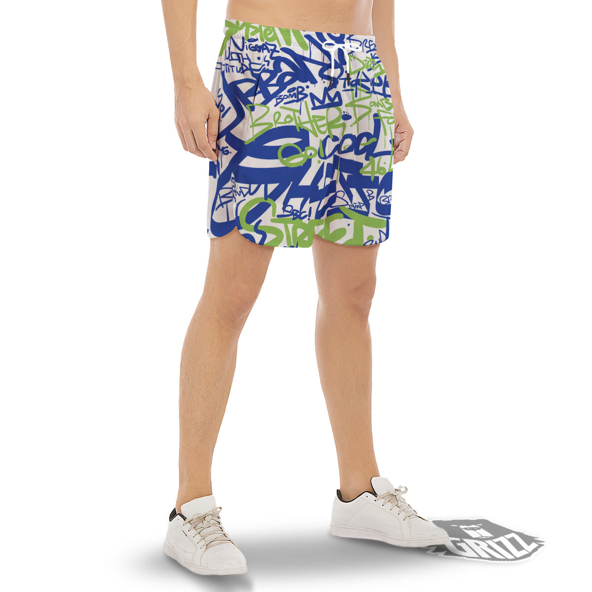 Green Blue Urban Graffiti Text Print Pattern Men's Gym Shorts-grizzshop