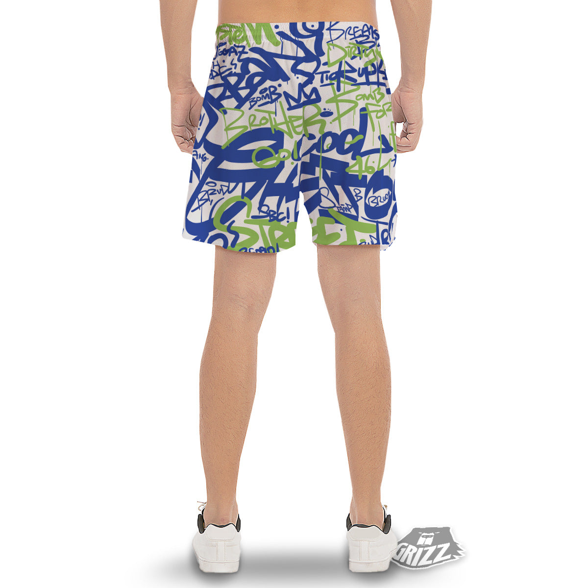 Green Blue Urban Graffiti Text Print Pattern Men's Gym Shorts-grizzshop