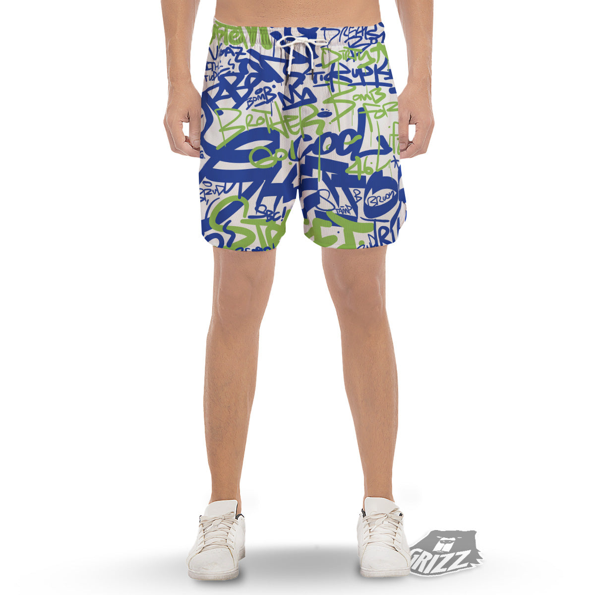 Green Blue Urban Graffiti Text Print Pattern Men's Gym Shorts-grizzshop