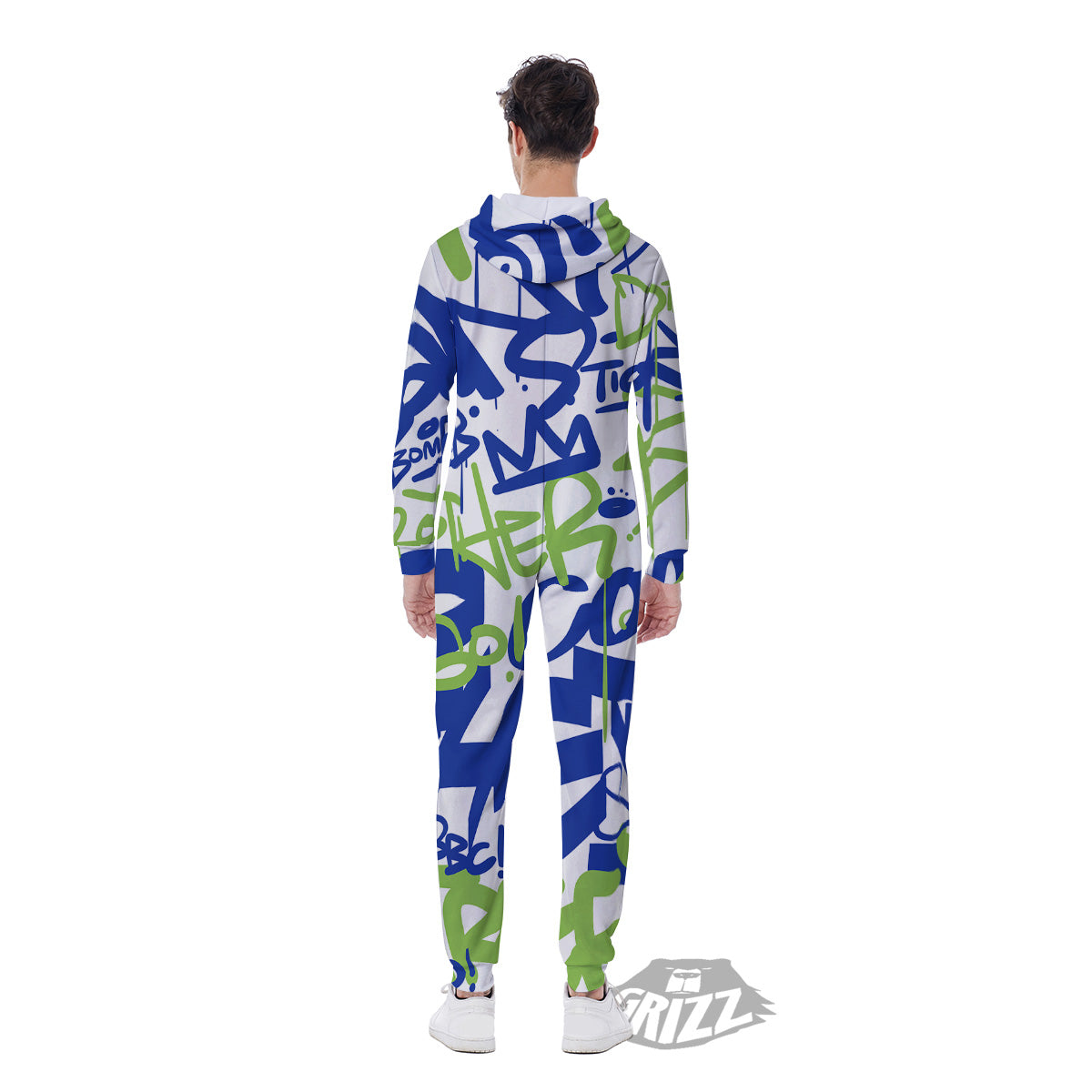 Green Blue Urban Graffiti Text Print Pattern Men's Jumpsuit-grizzshop