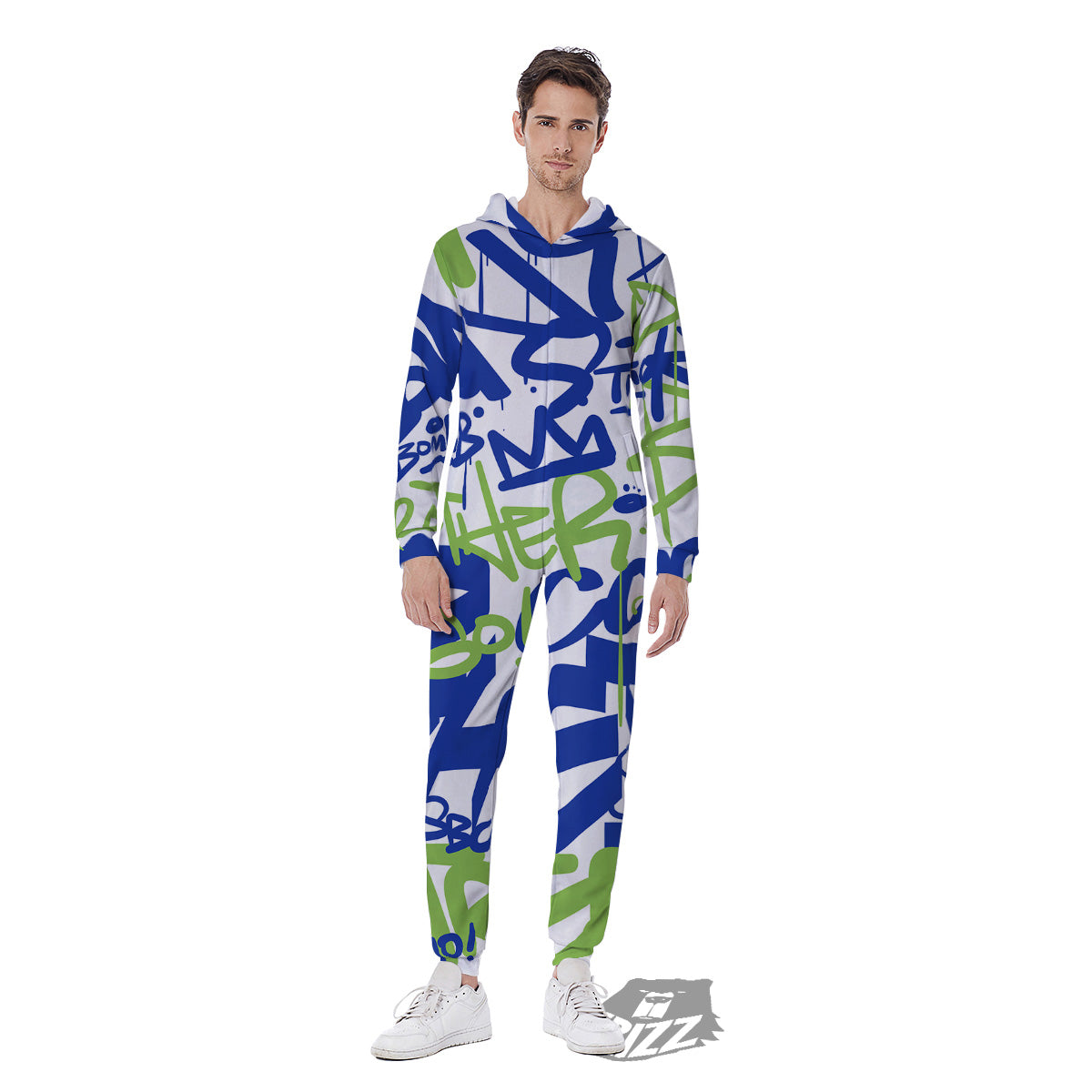 Green Blue Urban Graffiti Text Print Pattern Men's Jumpsuit-grizzshop