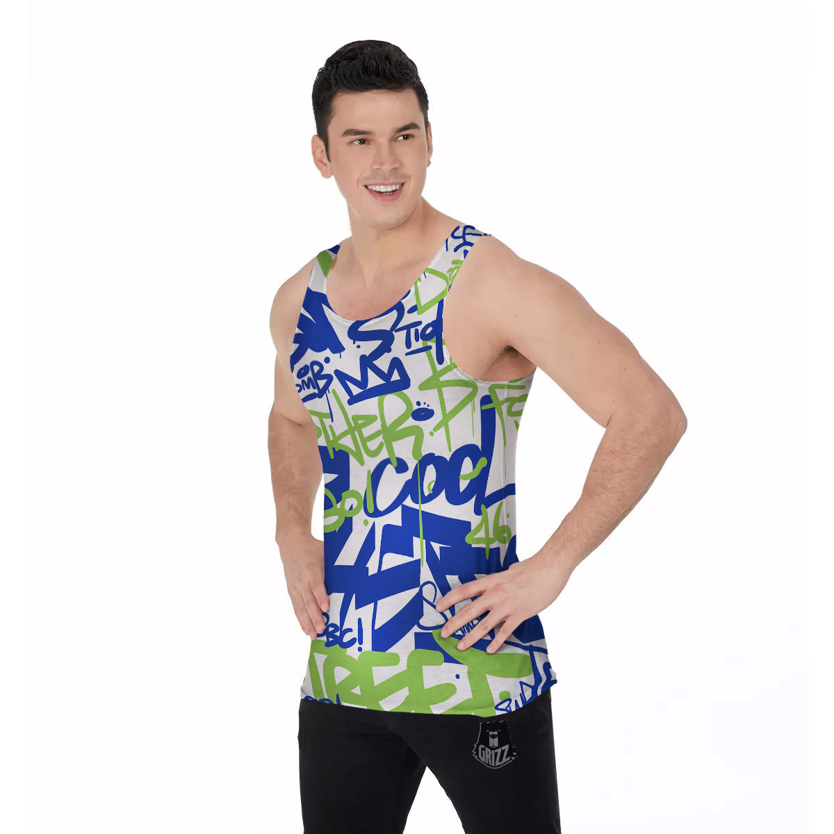 Green Blue Urban Graffiti Text Print Pattern Men's Tank Top-grizzshop