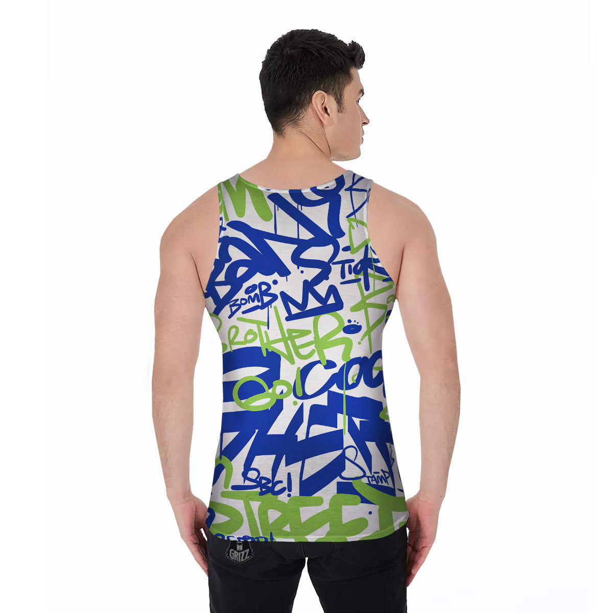 Green Blue Urban Graffiti Text Print Pattern Men's Tank Top-grizzshop